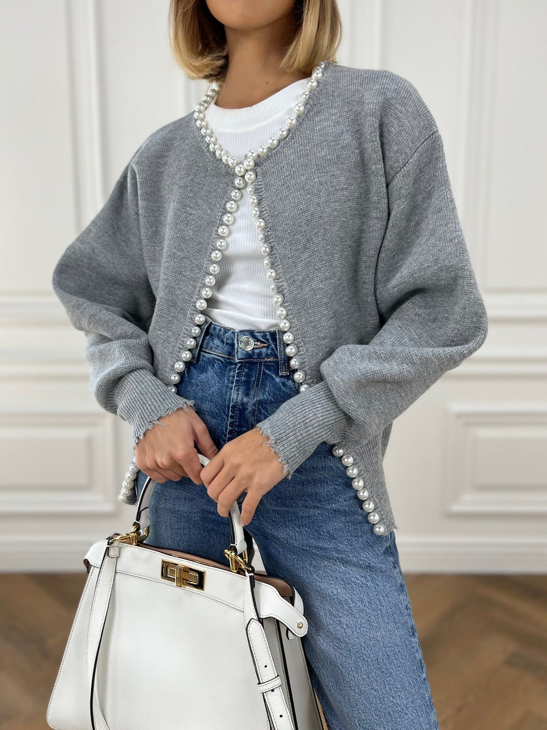 Trendiger Damen Cardigan Mit Perlendetails | Vorne Offen