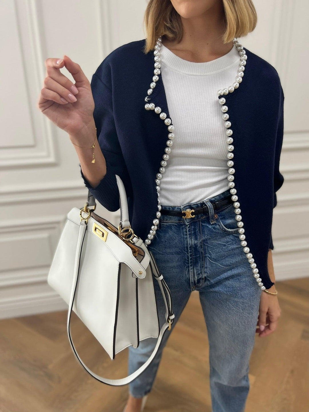 Trendiger Damen Cardigan Mit Perlendetails | Vorne Offen