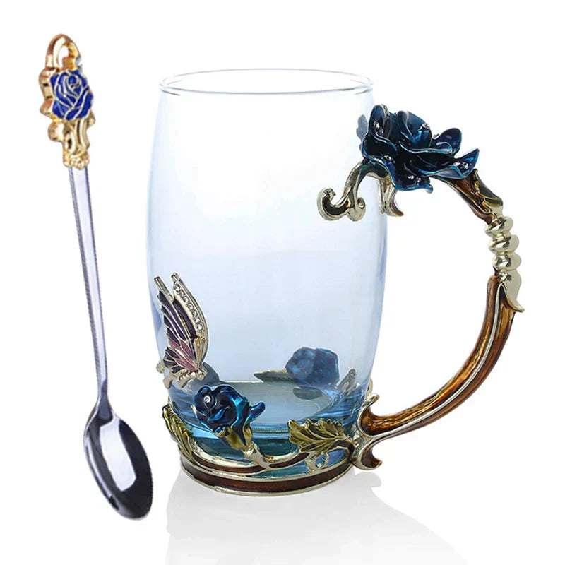 Floral Glass Coffee Mug Set with Spoon & Coaster for Mother's Day Gift