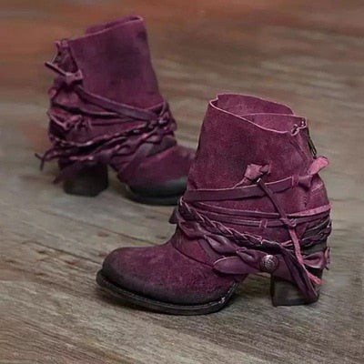 Geflochtene Damenstiefel Mit Dickem Absatz | Wickeldetail