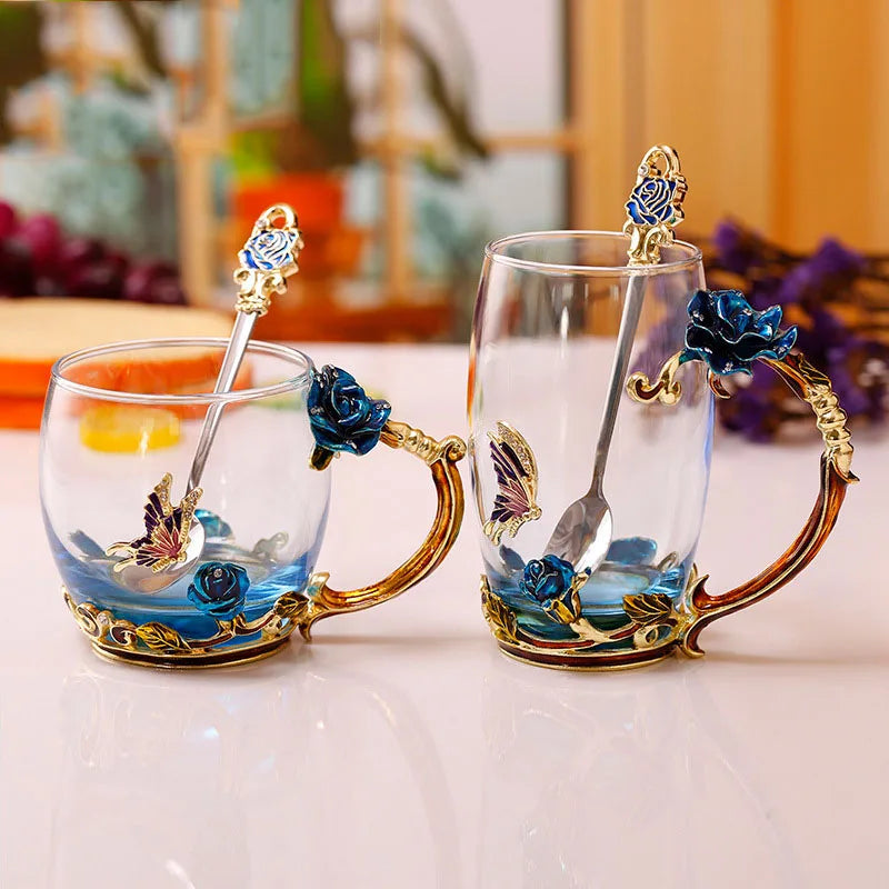 Floral Glass Coffee Mug Set with Spoon & Coaster for Mother's Day Gift