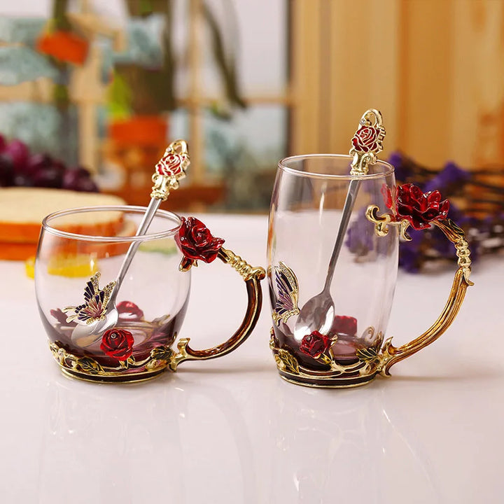 Floral Glass Coffee Mug Set with Spoon & Coaster for Mother's Day Gift