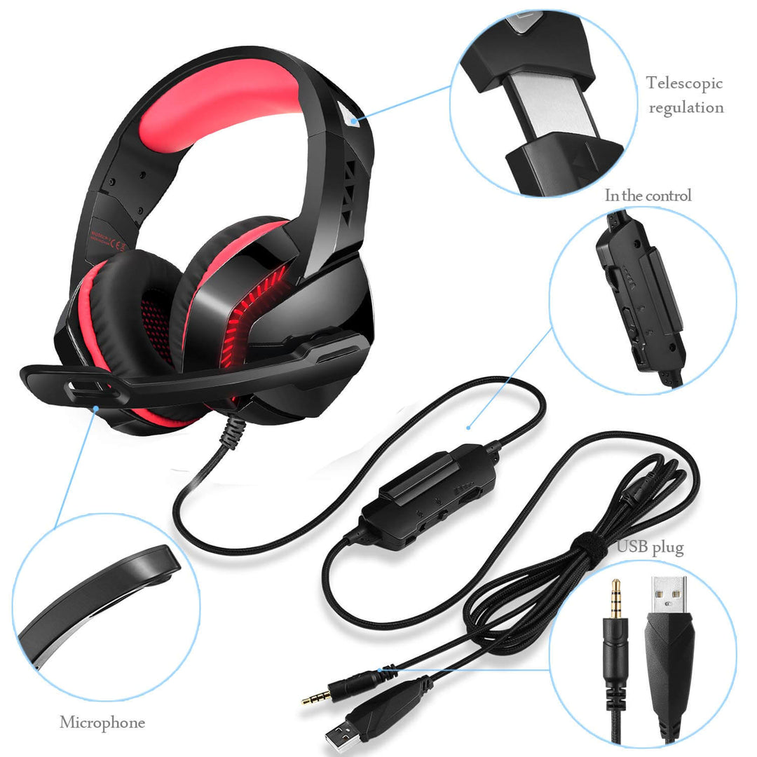 Over-Ear Gaming Headphones with Noise Isolating Mic & LED