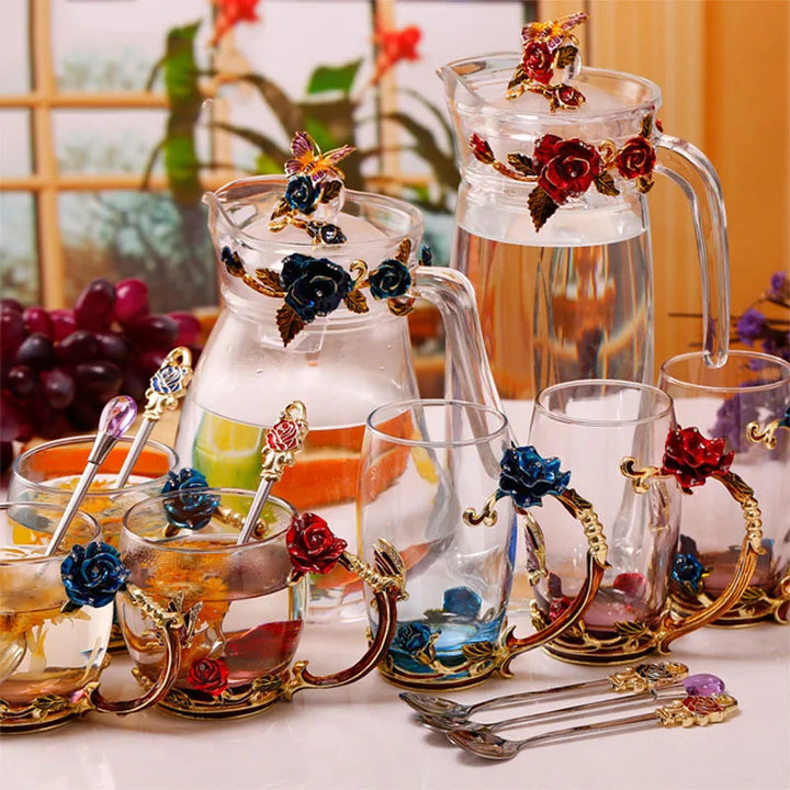 Floral Glass Coffee Mug Set with Spoon & Coaster for Mother's Day Gift