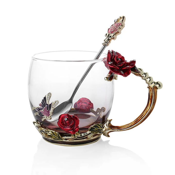 Floral Glass Coffee Mug Set with Spoon & Coaster for Mother's Day Gift