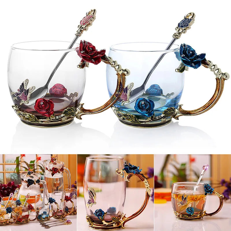 Floral Glass Coffee Mug Set with Spoon & Coaster for Mother's Day Gift