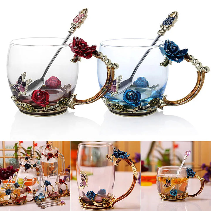 Floral Glass Coffee Mug Set with Spoon & Coaster for Mother's Day Gift