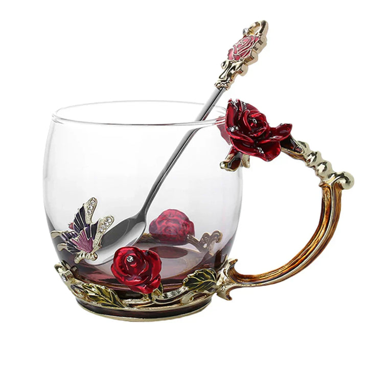 Floral Glass Coffee Mug Set with Spoon & Coaster for Mother's Day Gift