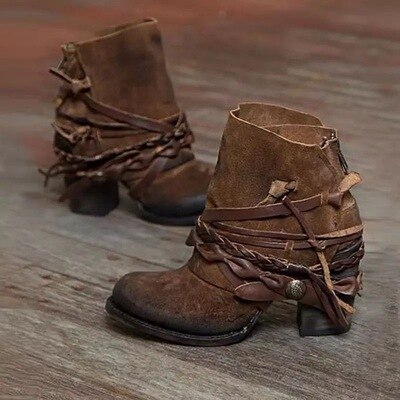 Geflochtene Damenstiefel Mit Dickem Absatz | Wickeldetail