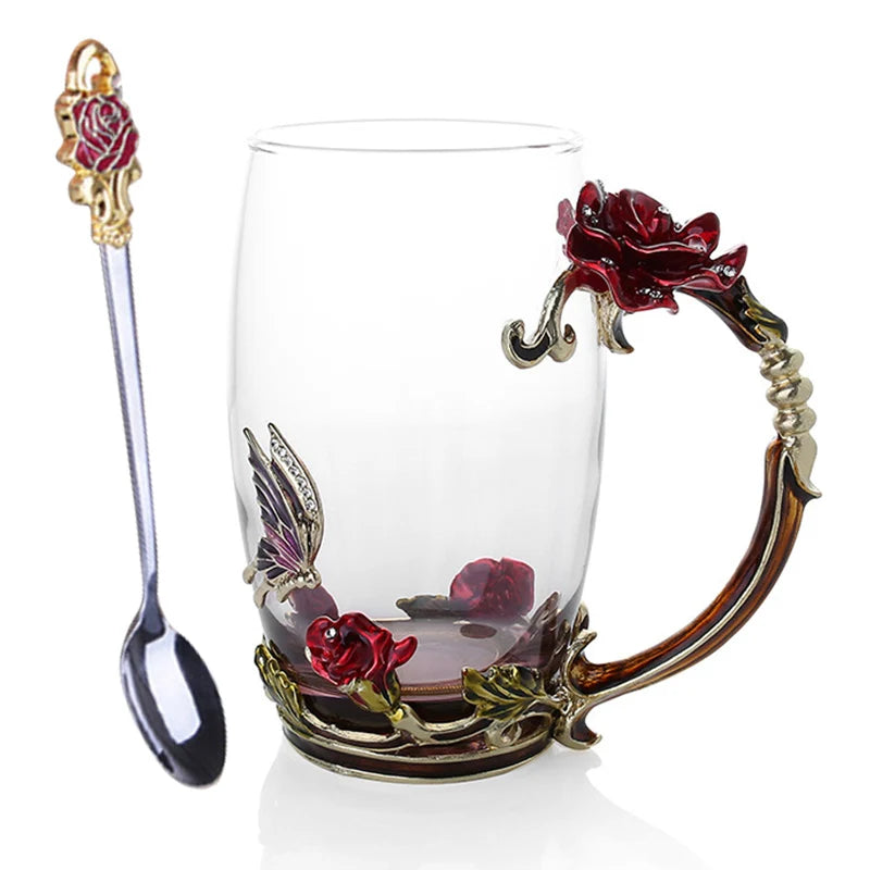 Floral Glass Coffee Mug Set with Spoon & Coaster for Mother's Day Gift