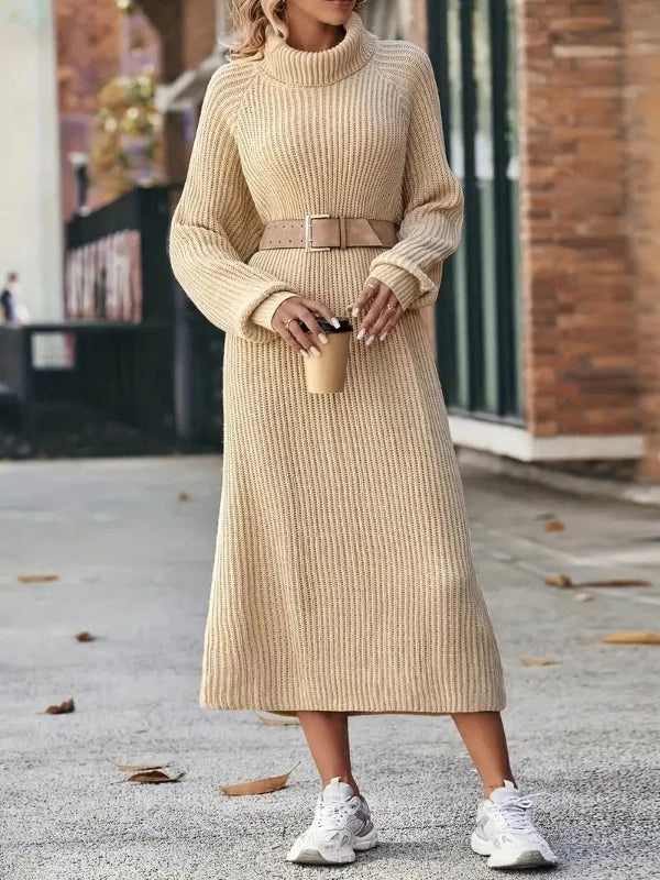 Stylisches Strickkleid Mit Hohem Halsausschnitt | Midi