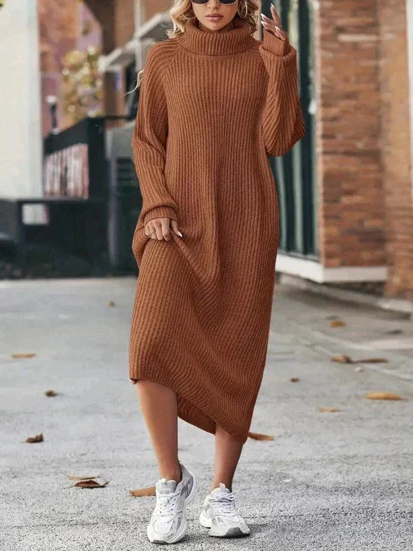 Stylisches Strickkleid Mit Hohem Halsausschnitt | Midi