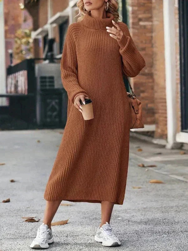 Stylisches Strickkleid Mit Hohem Halsausschnitt | Midi