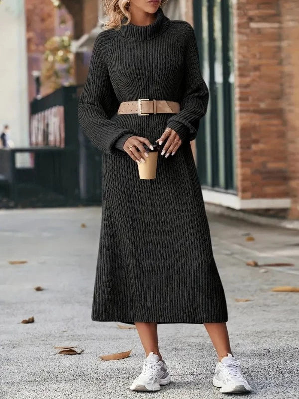 Stylisches Strickkleid Mit Hohem Halsausschnitt | Midi