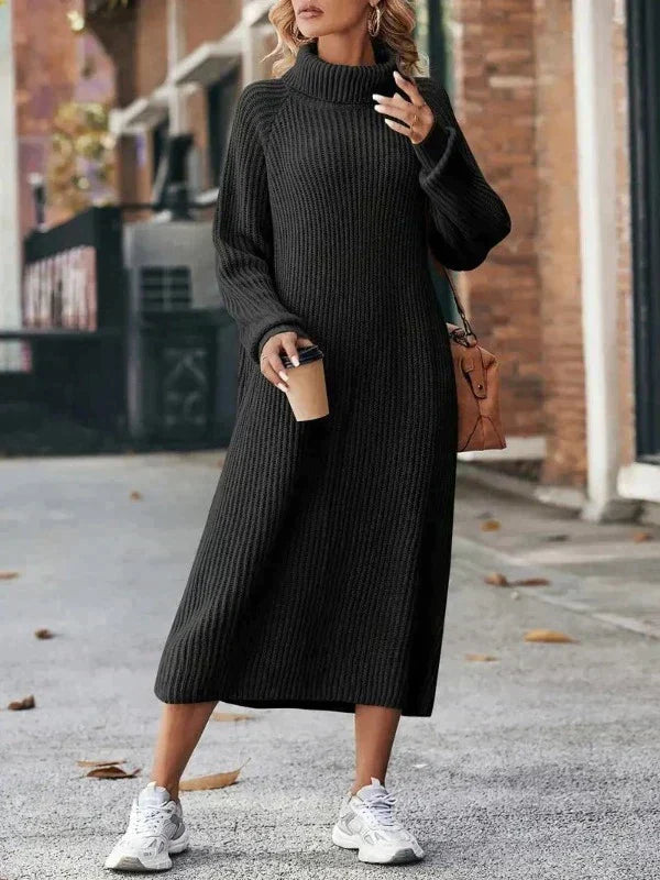 Stylisches Strickkleid Mit Hohem Halsausschnitt | Midi