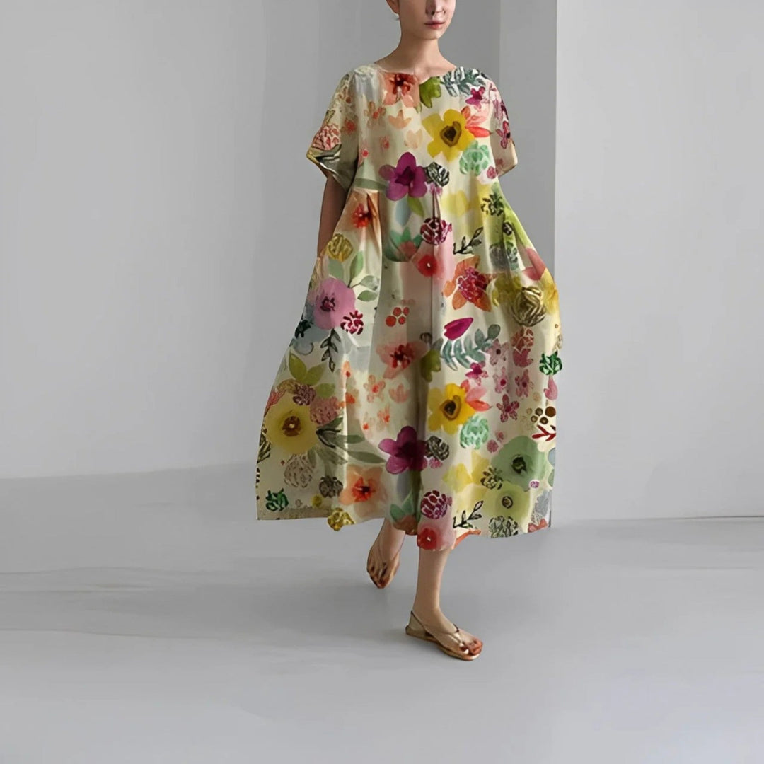 Chaveli | Bohème-blumenkleid Mit Rundhalsausschnitt Für Frauen | Midi
