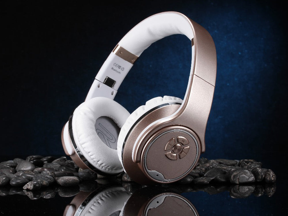 Foldable Rose Gold Headphones with Bluetooth and Speaker Function
