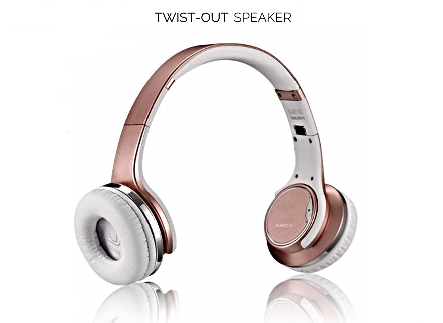 Foldable Rose Gold Headphones with Bluetooth and Speaker Function