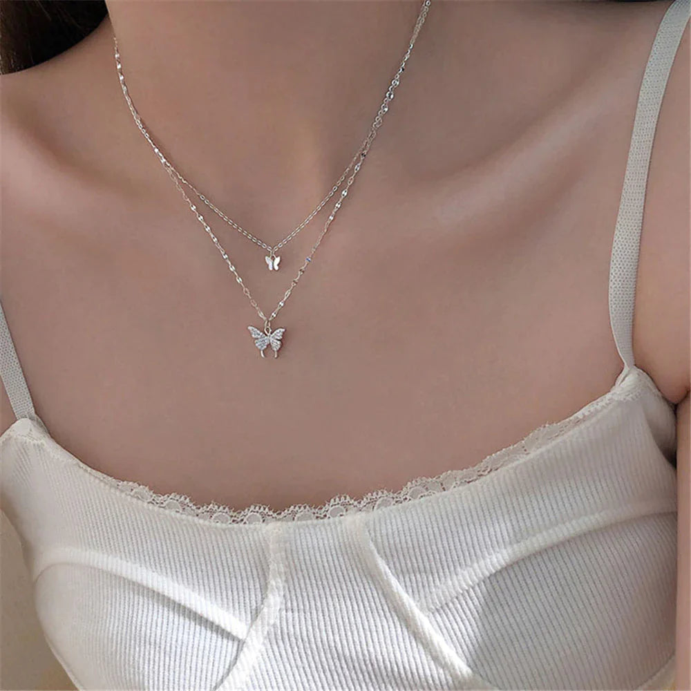 Silbernes Halskettenset mit Schmetterling – Glänzend, Filigran & Raffiniert | Eleganter Schmuck für Damen & besondere Anlässe