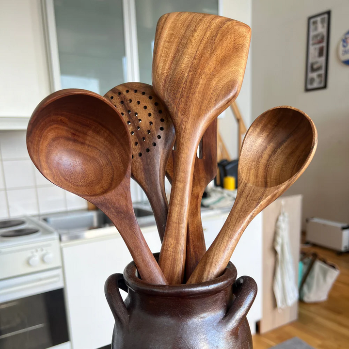 5-teiliges Küchenutensilien-Set aus Holz – Rustikal, Umweltfreundlich & Langlebig | Perfekt für stilvolles & nachhaltiges Kochen