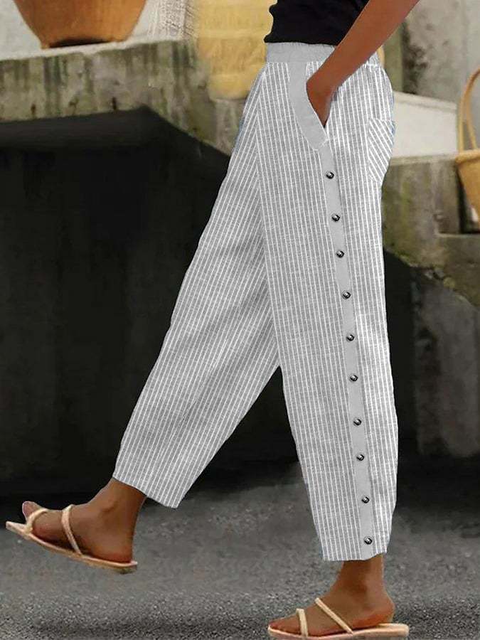 Lässige Gestreifte Hose Mit Knopfdetails Für Damen | Weites Bein