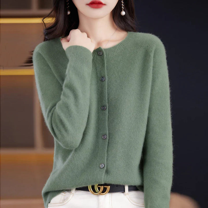 Damen Kaschmir Rundhals-Cardigan Mit Langen Ärmeln | Knopfleiste Vorne