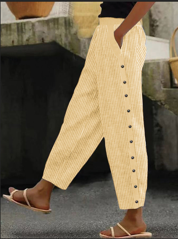 Lässige Gestreifte Hose Mit Knopfdetails Für Damen | Weites Bein