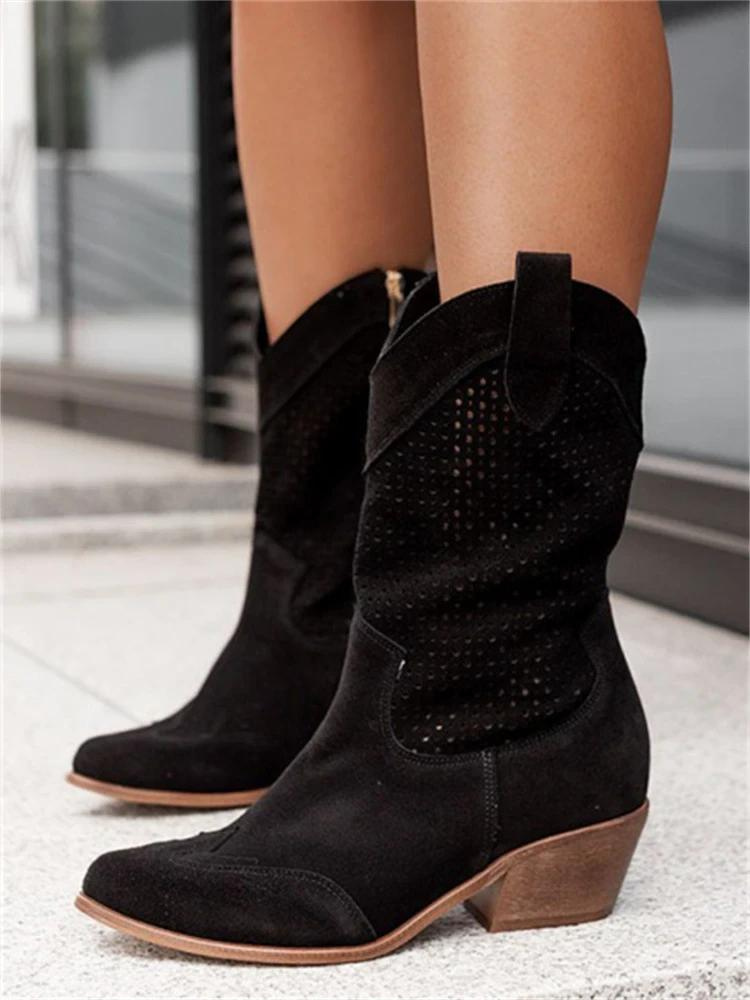 Damenstiefel Mit Blockabsatz Und Halbhoher Wadenhöhe | Spitze Zehenpartie