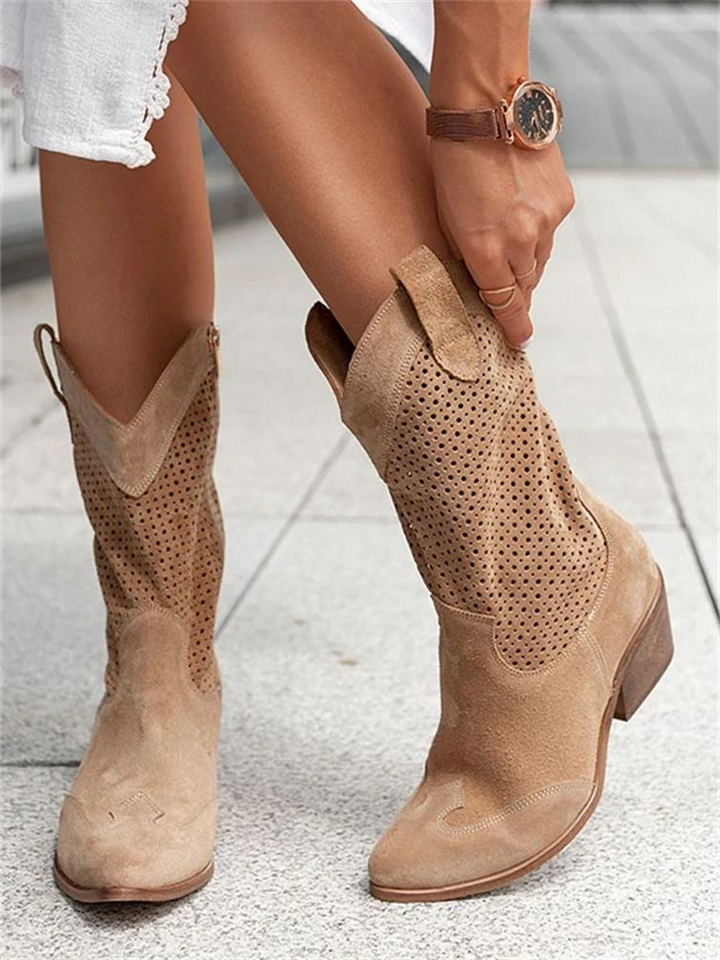 Damenstiefel Mit Blockabsatz Und Halbhoher Wadenhöhe | Spitze Zehenpartie