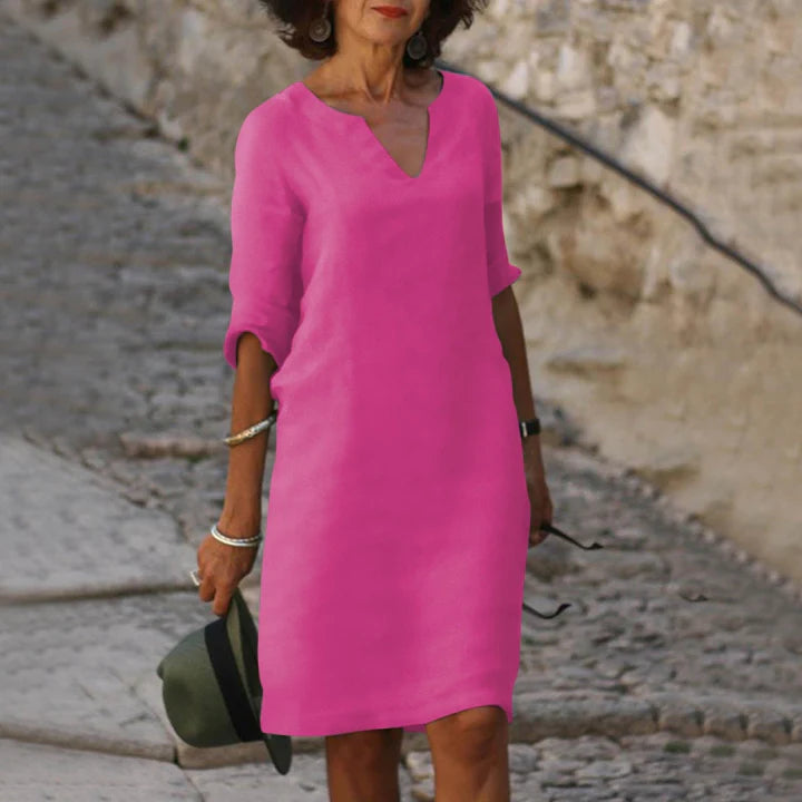 Leinen Sommerkleid für Damen – Elegant, Luftig & Bequem mit V-Ausschnitt | Perfekt für warme Tage, Urlaub & Alltag
