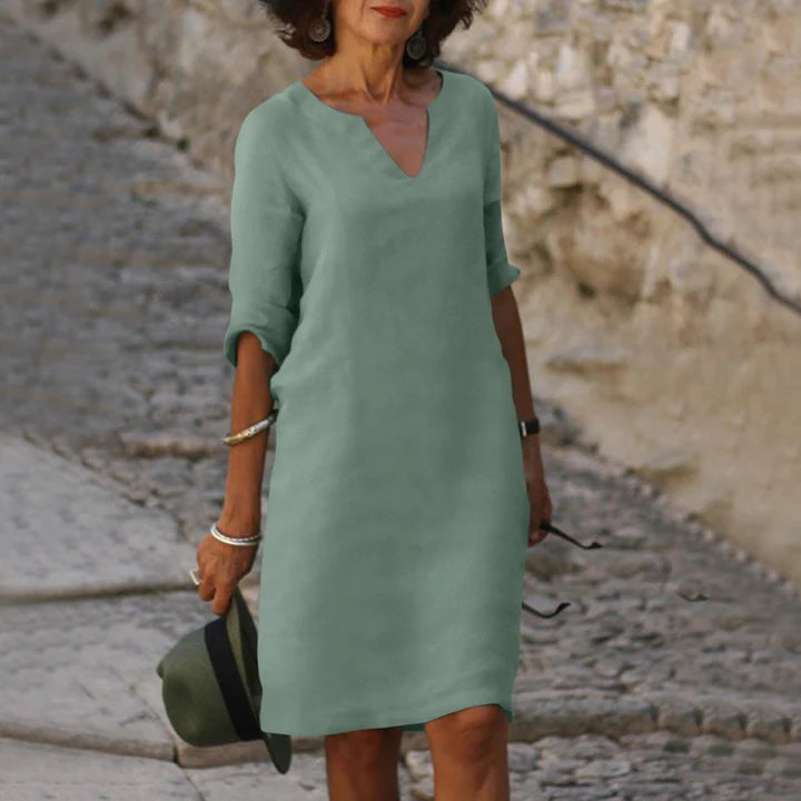 Leinen Sommerkleid für Damen – Elegant, Luftig & Bequem mit V-Ausschnitt | Perfekt für warme Tage, Urlaub & Alltag