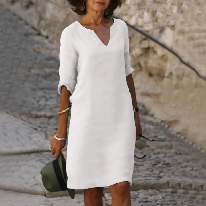 Leinen Sommerkleid für Damen – Elegant, Luftig & Bequem mit V-Ausschnitt | Perfekt für warme Tage, Urlaub & Alltag