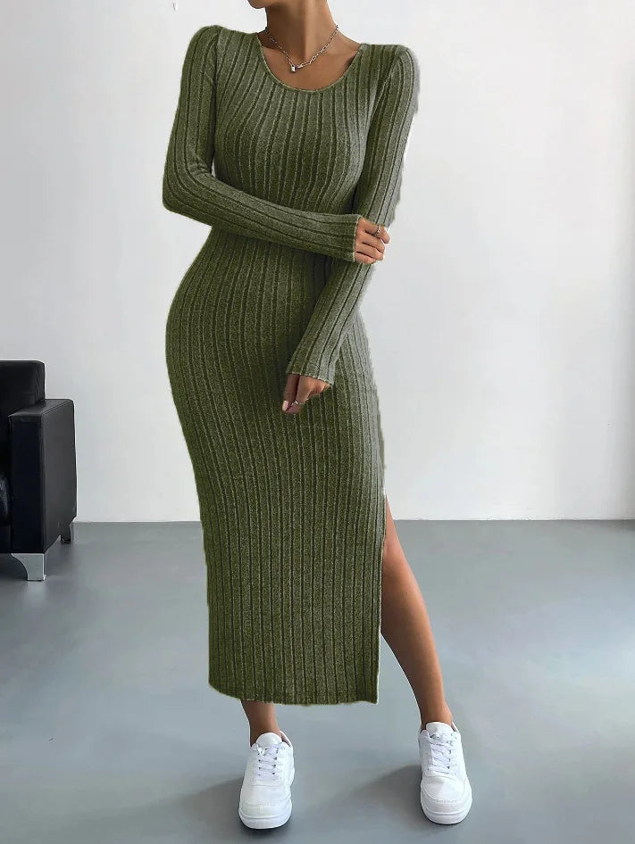 Gestricktes Midikleid Mit Langen Ärmeln | Seitenschlitz
