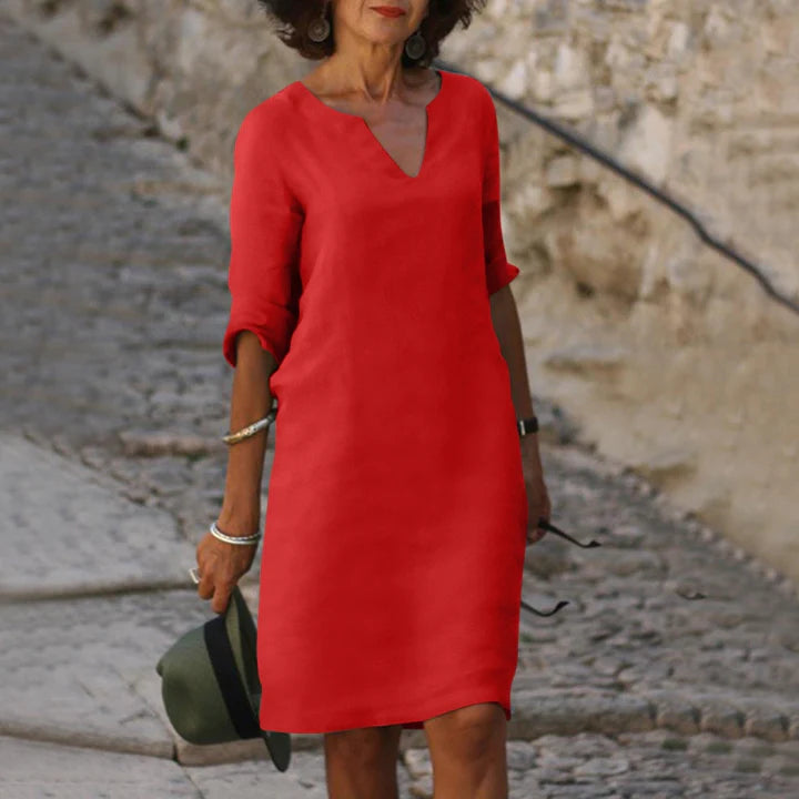 Leinen Sommerkleid für Damen – Elegant, Luftig & Bequem mit V-Ausschnitt | Perfekt für warme Tage, Urlaub & Alltag