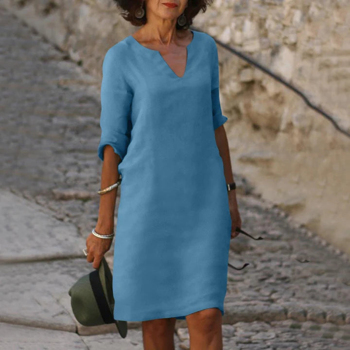 Leinen Sommerkleid für Damen – Elegant, Luftig & Bequem mit V-Ausschnitt | Perfekt für warme Tage, Urlaub & Alltag