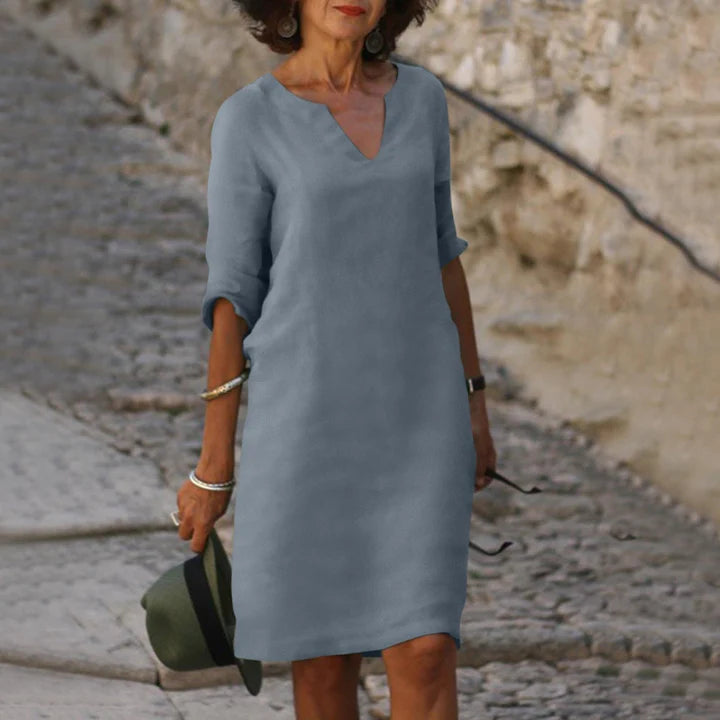Leinen Sommerkleid für Damen – Elegant, Luftig & Bequem mit V-Ausschnitt | Perfekt für warme Tage, Urlaub & Alltag