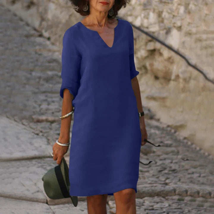 Leinen Sommerkleid für Damen – Elegant, Luftig & Bequem mit V-Ausschnitt | Perfekt für warme Tage, Urlaub & Alltag