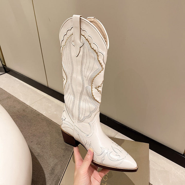 Weiße Damenstiefel Mit Blockabsatz | Kniehoch