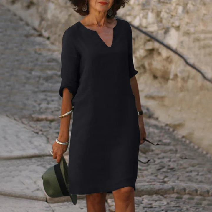 Leinen Sommerkleid für Damen – Elegant, Luftig & Bequem mit V-Ausschnitt | Perfekt für warme Tage, Urlaub & Alltag