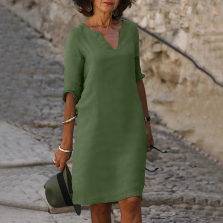 Leinen Sommerkleid für Damen – Elegant, Luftig & Bequem mit V-Ausschnitt | Perfekt für warme Tage, Urlaub & Alltag
