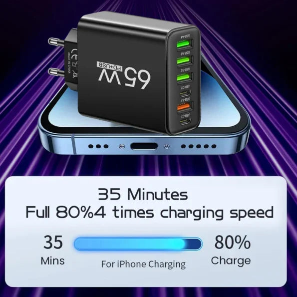 PowerMax 65W 6-in-1 Schnellladegerät – Lade bis zu 6 Geräte gleichzeitig | Ideal für Zuhause, Büro & Reisen