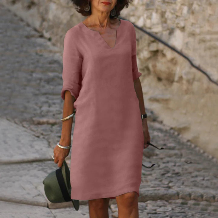 Leinen Sommerkleid für Damen – Elegant, Luftig & Bequem mit V-Ausschnitt | Perfekt für warme Tage, Urlaub & Alltag