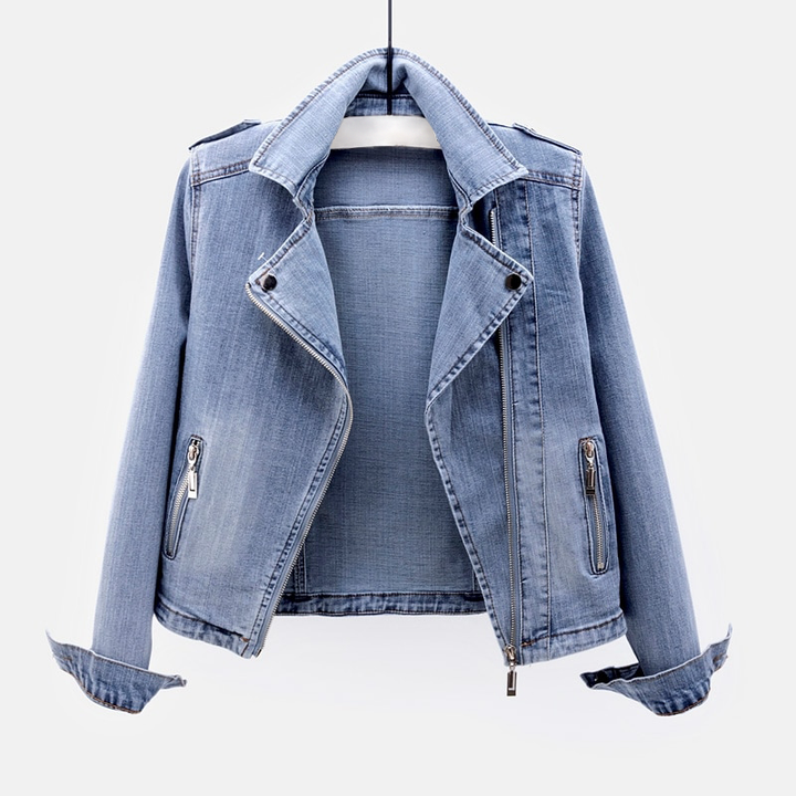 Trendige Denim Moto Jacke Für Frauen | Reverskragen