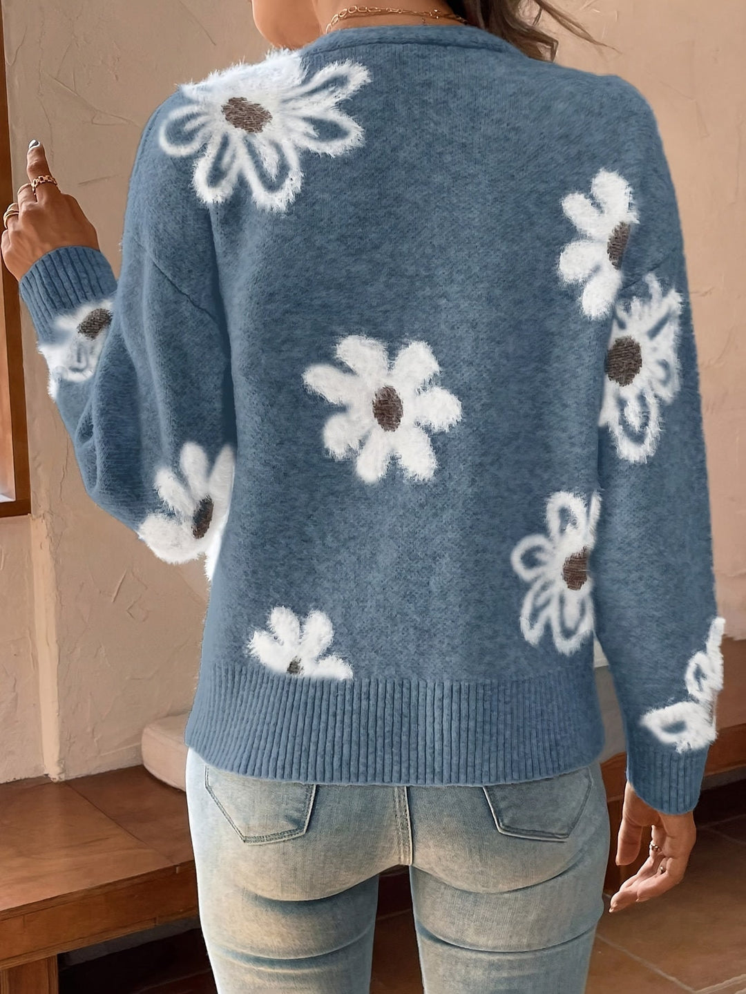 Damen-Cardigan Mit Blumenmuster Und Langen Ärmeln | V-Ausschnitt