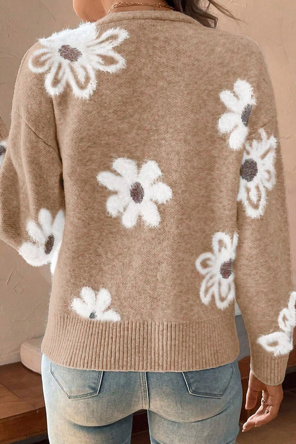 Damen-Cardigan Mit Blumenmuster Und Langen Ärmeln | V-Ausschnitt