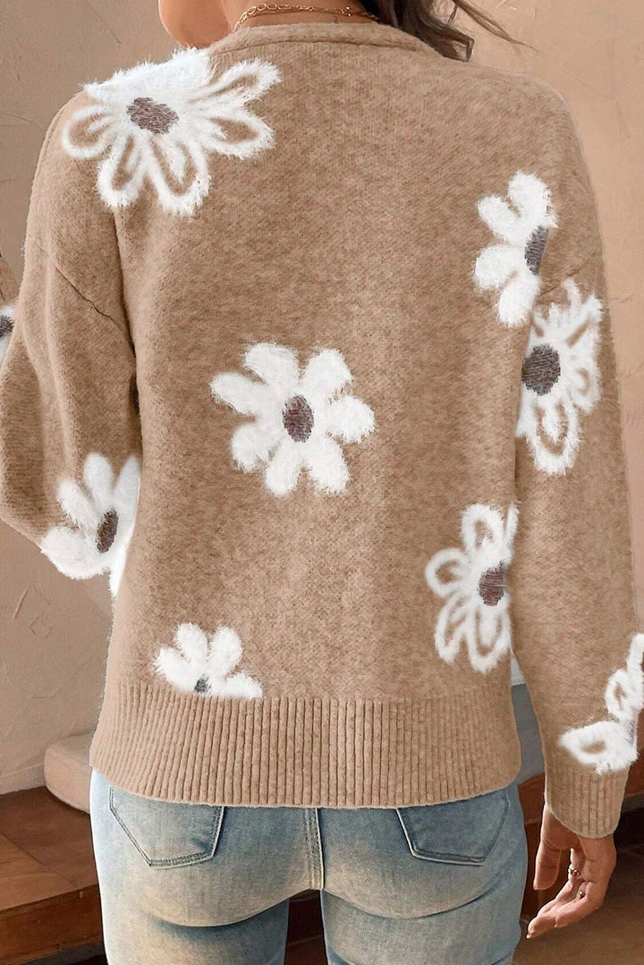 Damen-Cardigan Mit Blumenmuster Und Langen Ärmeln | V-Ausschnitt