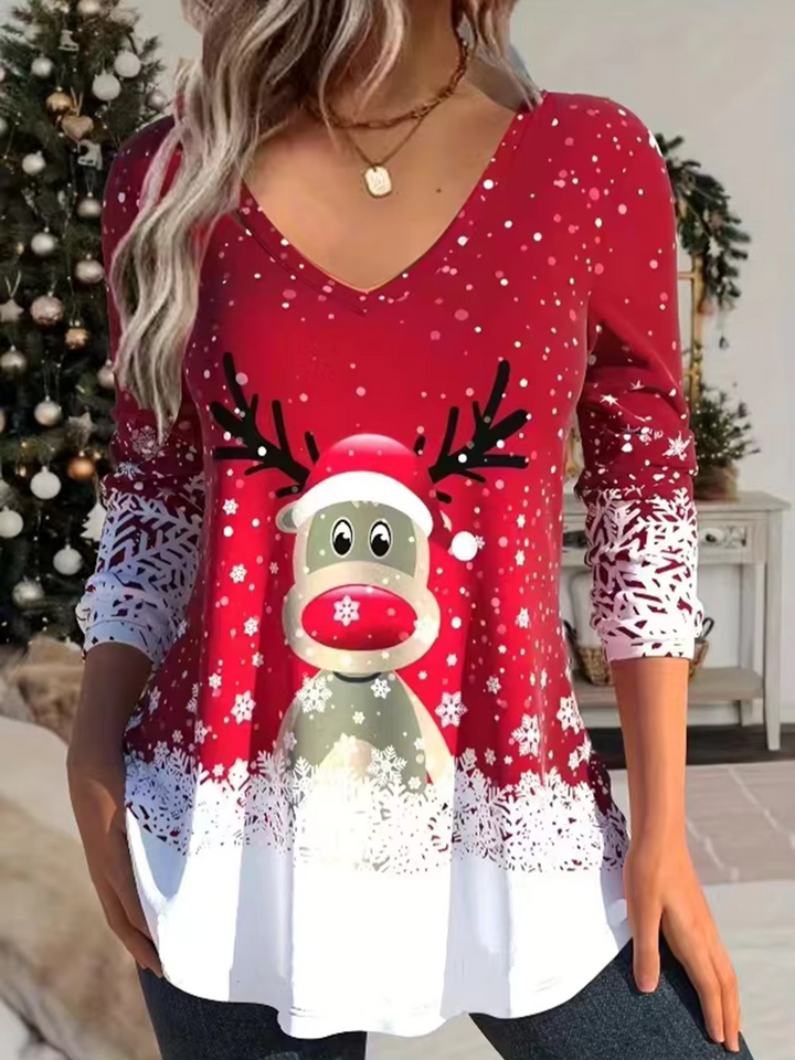 Damen Trendy Weihnachts-Top | V-Ausschnitt