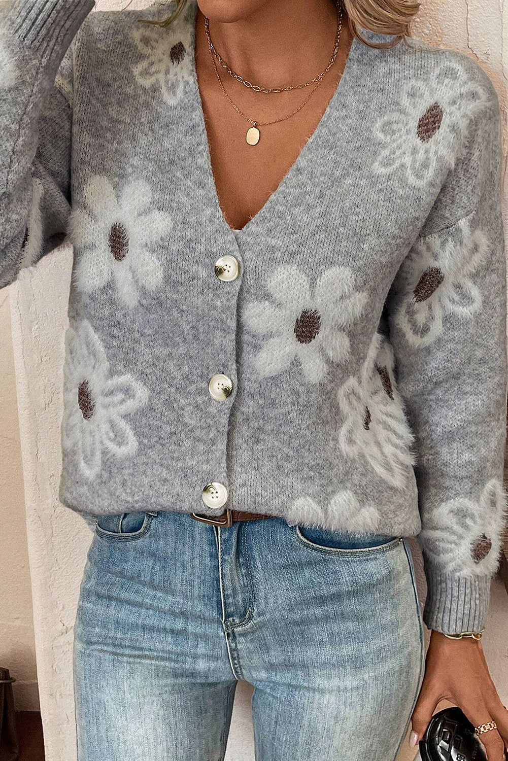 Damen-Cardigan Mit Blumenmuster Und Langen Ärmeln | V-Ausschnitt