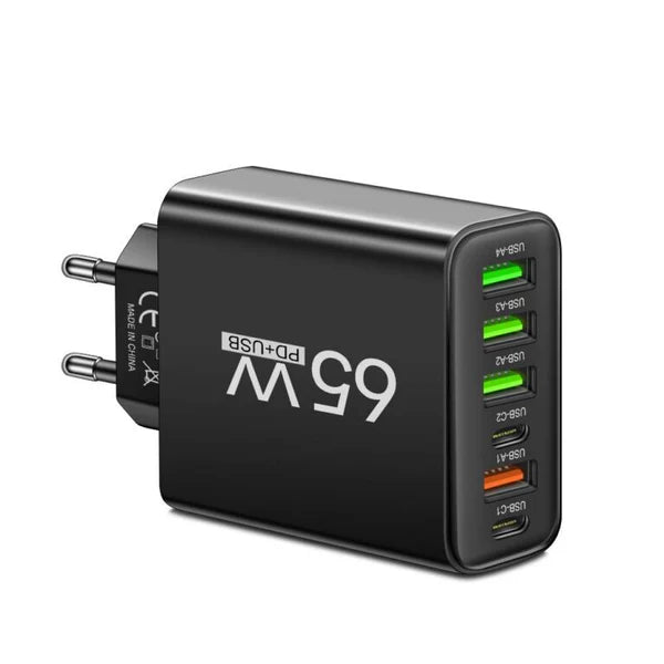 PowerMax 65W 6-in-1 Schnellladegerät – Lade bis zu 6 Geräte gleichzeitig | Ideal für Zuhause, Büro & Reisen