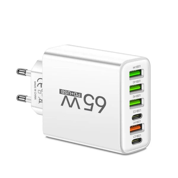 PowerMax 65W 6-in-1 Schnellladegerät – Lade bis zu 6 Geräte gleichzeitig | Ideal für Zuhause, Büro & Reisen